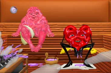 Een anthropomorf hart en een blob in een sauna.